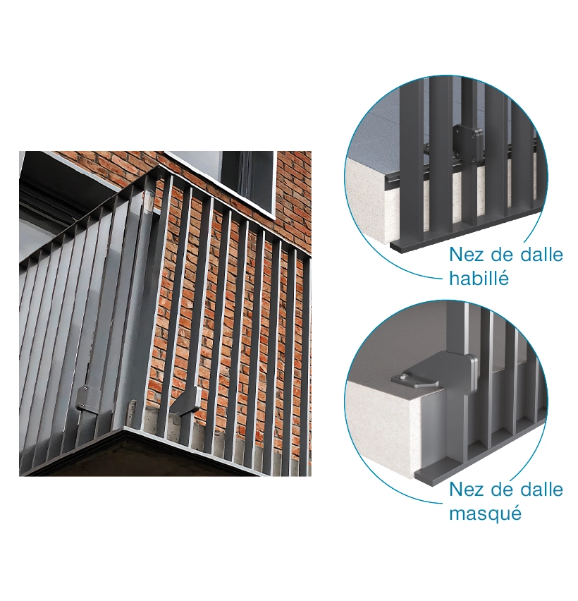 Garde-corps Zébral avec sabot C, fixation sur dalle